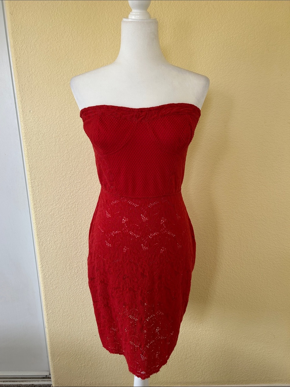 Free People Strapless Red Lace Midi Dress